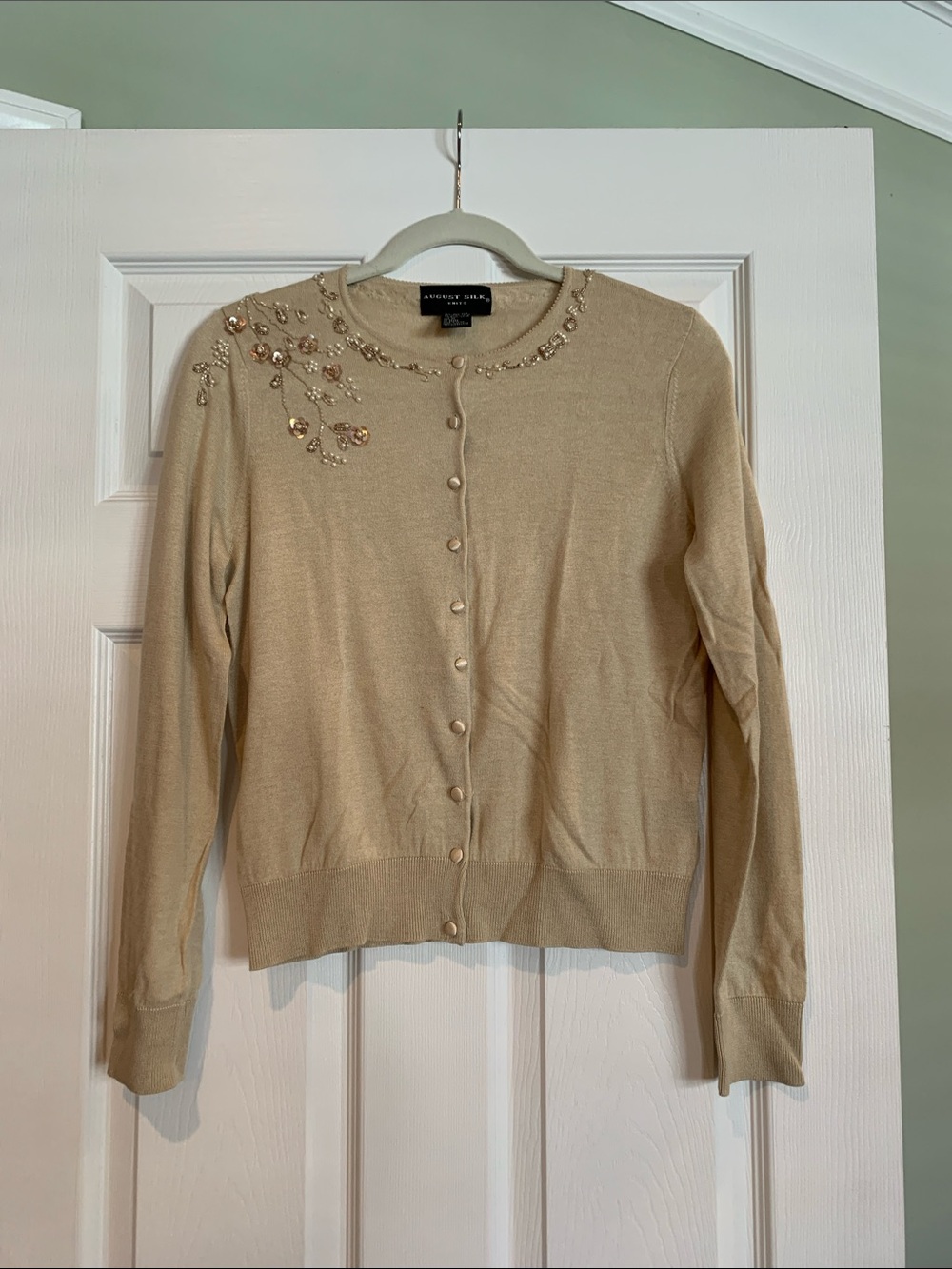 august silk Beige Embellished Button-Front Cardigan